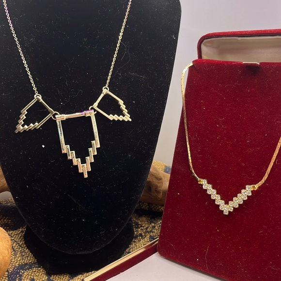 Jewelry - Art Deco Empire Style Gold tone Necklace + Bonus Vintage Rhinestone Geometric